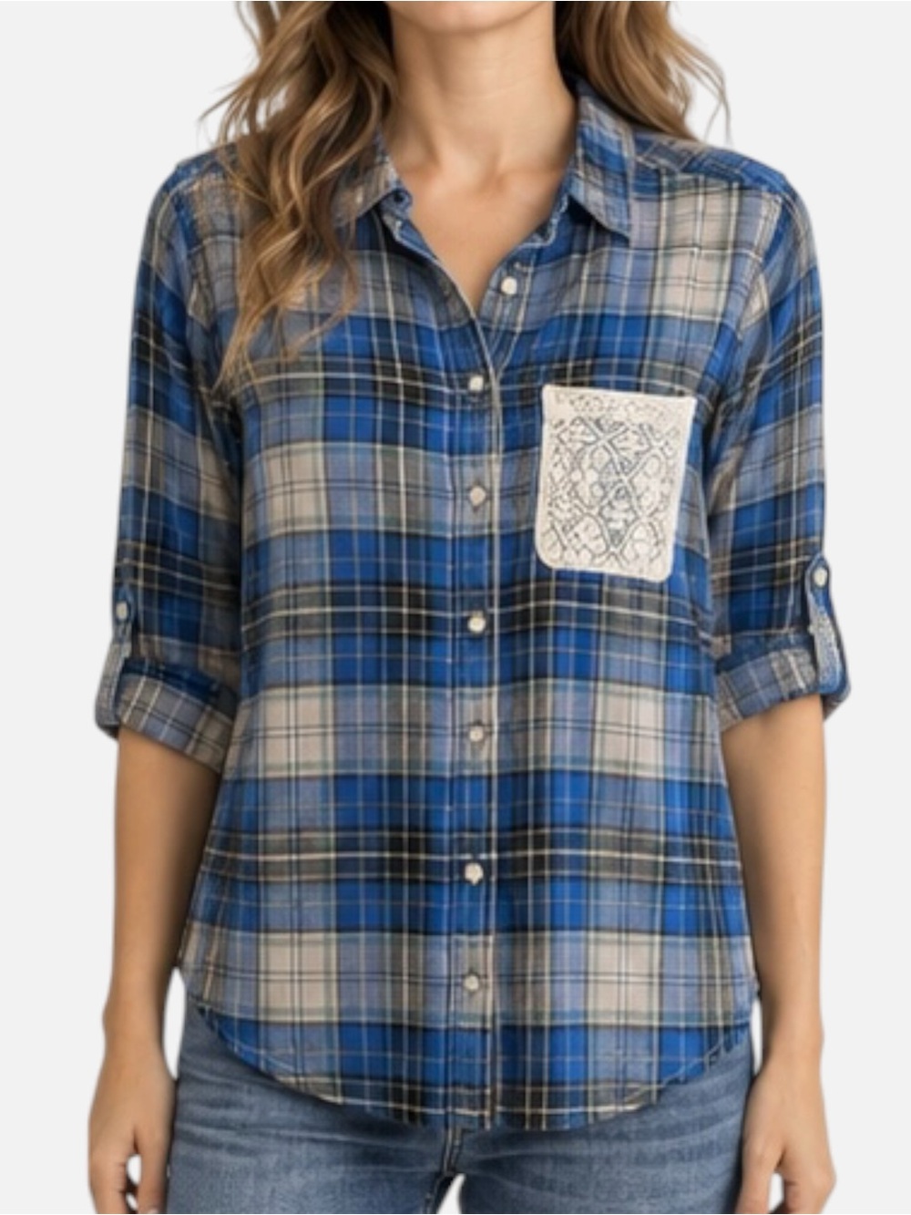 Lucky Brand Plaid Button Down Shirt Blue Cream Lace Pocket Rayon Womens XS